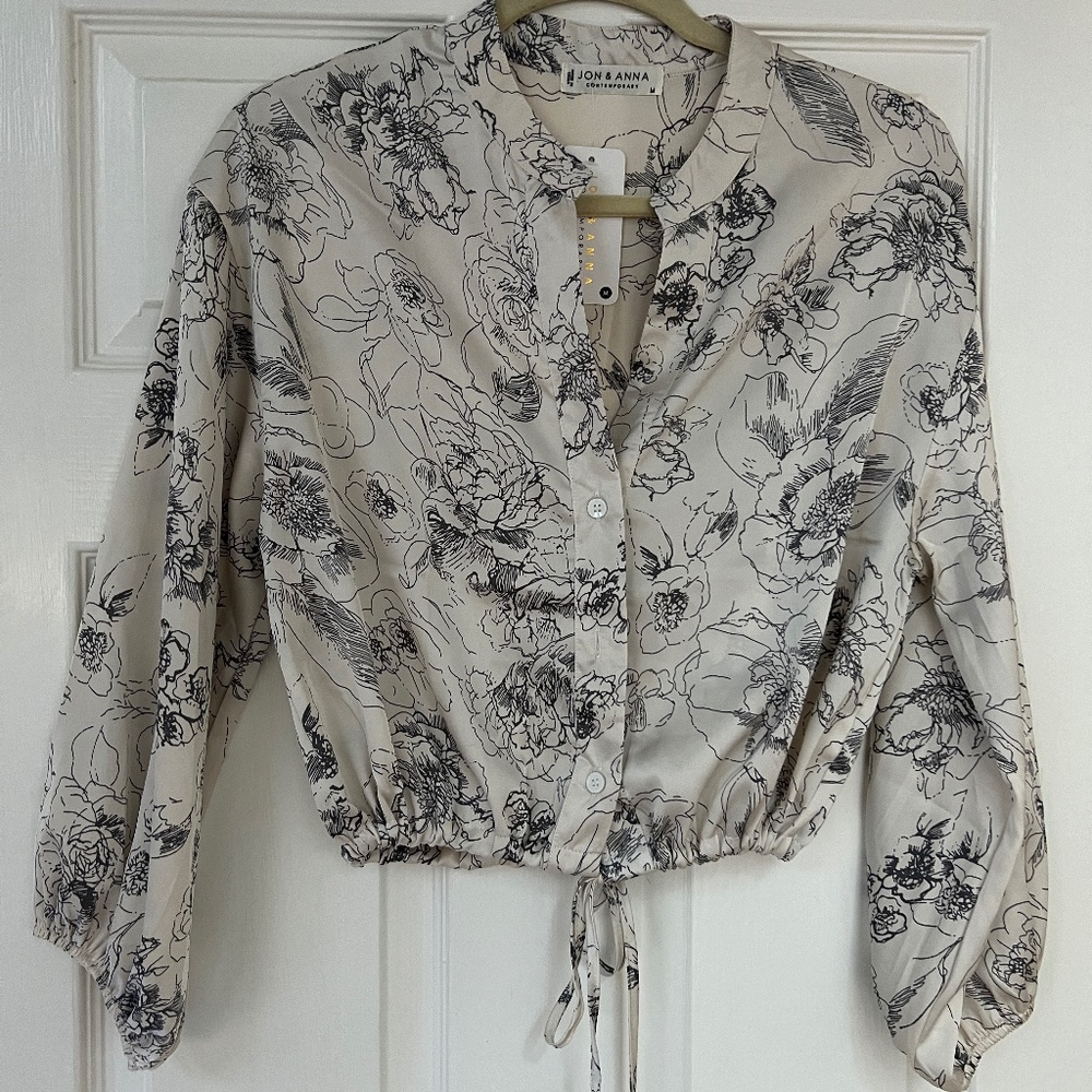 JON & ANNA  cropped, long sleeve, drawstring waist, silk like, blouse